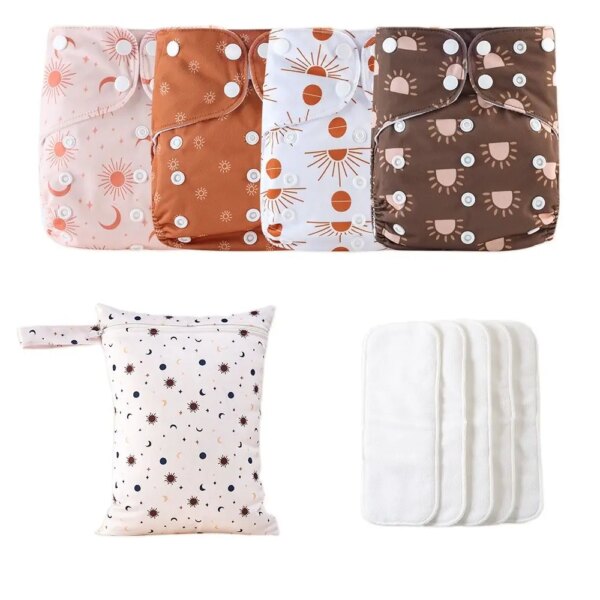 HappyFlute Eco Baby Starter Set with 4 Cloth Diapers + 4 Inserts + Wet Bag